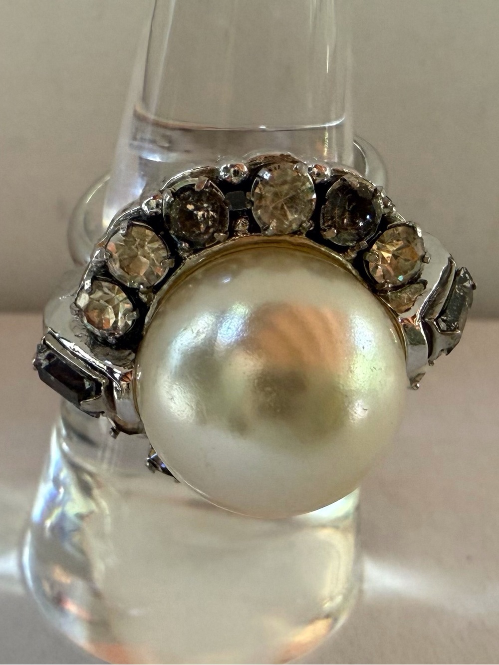Sarah Coventry and Crystal Statement Ring - Ivory faux Pearl